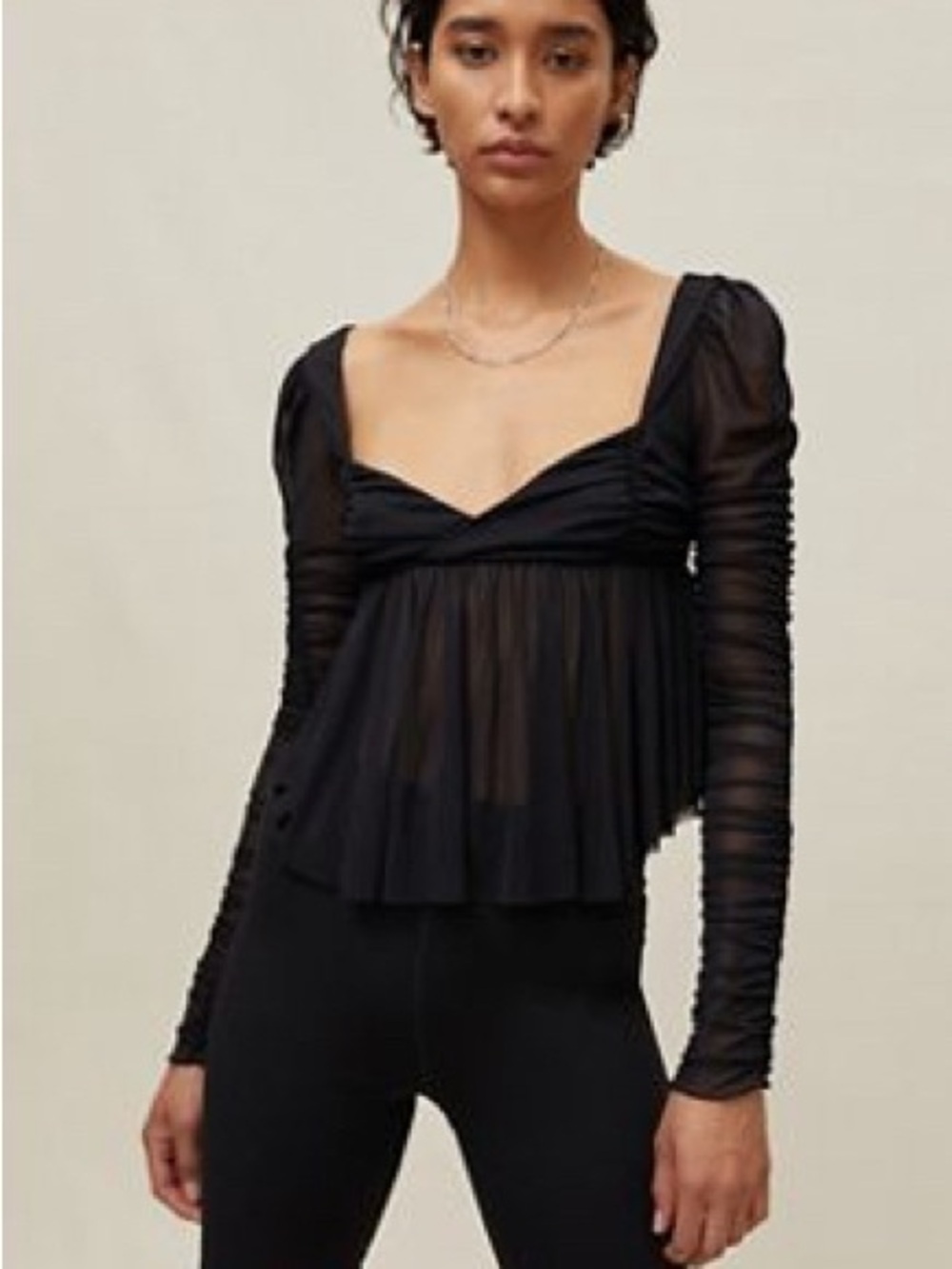 Y2k Black Sheer Ruched Long-Sleeve Top - Women's